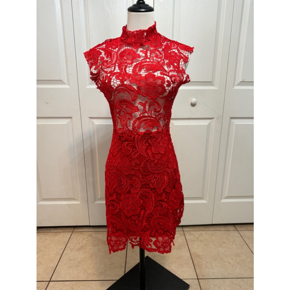 NWT Lioness | Women's Lacy See-thru‎ Top Sexy Mock-neck Red Dress Size M